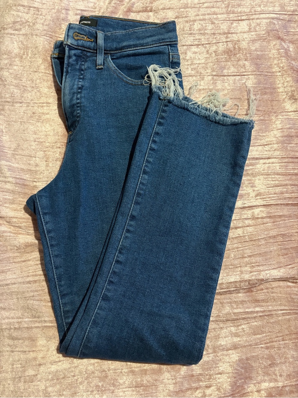 Express Dark Wash Frayed Hem Ankle Jeans
